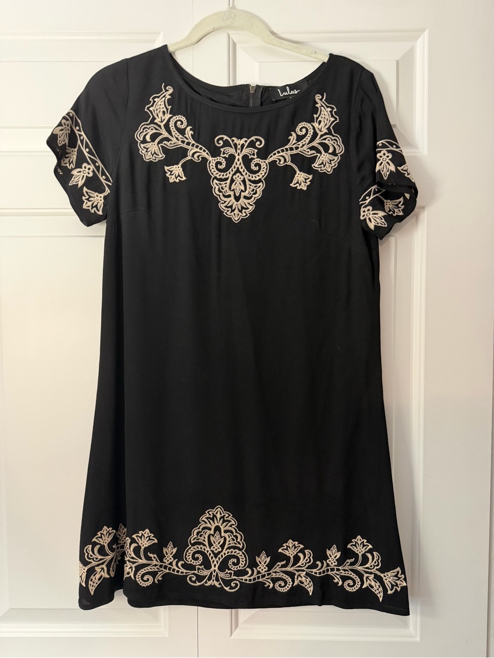 Lulu's Black Dress with White Embroidered Scrolls